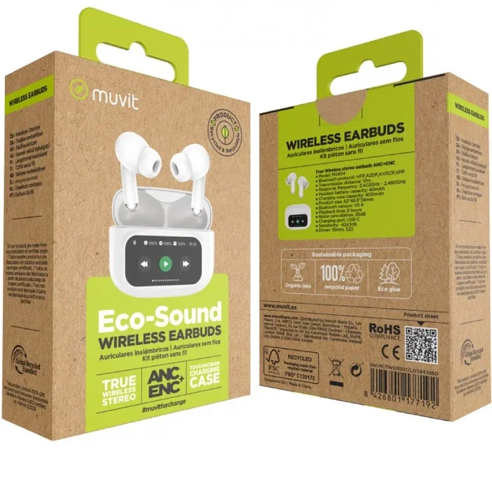 Muvit For Change Auriculares True Wireless Eco-Sound Blanco con ANC+ENC y Pantalla en Estuche M2404